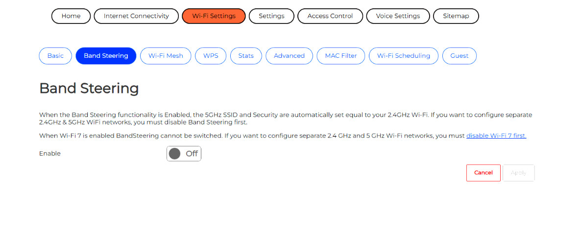 Band Steering page on the Telstra Smart Modem Gen 4 with Enable switched off
